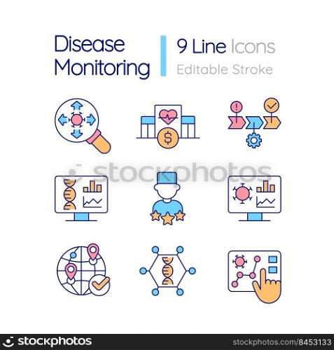 Disease monitoring RGB color icons set. Infection surveillance. Scientific research. Isolated vector illustrations. Simple filled line drawings collection. Editable stroke. Quicksand-Light font used. Disease monitoring RGB color icons set