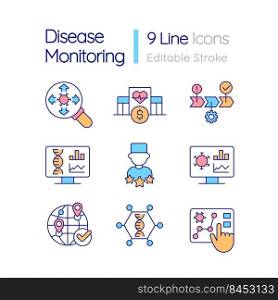 Disease monitoring RGB color icons set. Infection surveillance. Scientific research. Isolated vector illustrations. Simple filled line drawings collection. Editable stroke. Quicksand-Light font used. Disease monitoring RGB color icons set