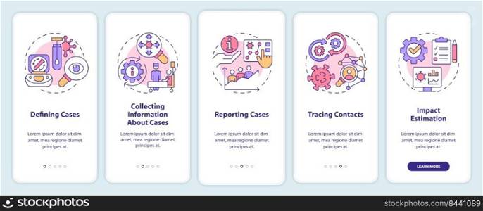 Disease monitoring steps onboarding mobile app screen. Walkthrough 5 steps editable graphic instructions with linear concepts. UI, UX, GUI template. Myriad Pro-Bold, Regular fonts used. Disease monitoring steps onboarding mobile app screen