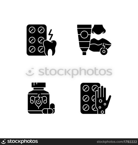 Disease treatment black glyph icons set on white space. Relieve toothaches. Antiviral ointment. Pills for period cramps. Antihistamine medication. Silhouette symbols. Vector isolated illustration. Disease treatment black glyph icons set on white space