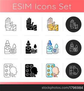 Disease treatment icons set. Sterile wound dressing. Eye drops. Lozenges for sore throat. Bandage. Relieving redness. Cold medication. Linear, black and RGB color styles. Isolated vector illustrations. Disease treatment icons set