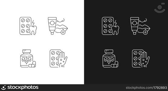 Disease treatment linear icons set for dark and light mode. Relieve toothaches. Antiviral ointment. Customizable thin line symbols. Isolated vector outline illustrations. Editable stroke. Disease treatment linear icons set for dark and light mode