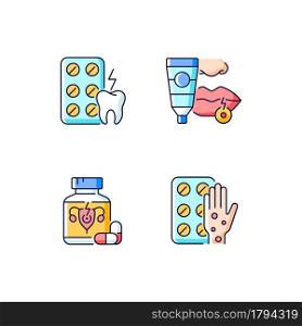 Disease treatment RGB color icons set. Relieve toothaches. Antiviral ointment. Pills for period cramps. Antihistamine medication. Isolated vector illustrations. Simple filled line drawings collection. Disease treatment RGB color icons set