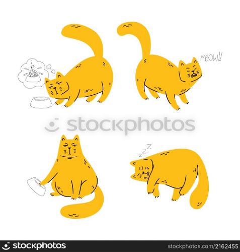 Disgruntled cat wonders where his food is, meows, demands his food, sleeps. Set of pet vector illustration isolated on white background. Simple cartoon doodle style. Funny chubby domestic animal.