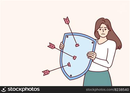 Disgruntled woman with shield defends herself from harassment and annoying advances or inappropriate compliments. Cupid arrows symbolize attempts to seduce girl upset after sexual harassment. Disgruntled woman with shield defends herself from harassment and annoying advances from boyfriend