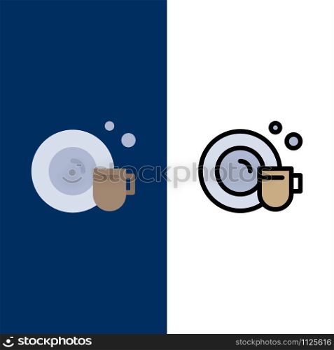 Dish, Cup, Cleaning Icons. Flat and Line Filled Icon Set Vector Blue Background