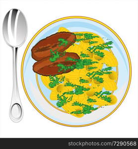Dish in plate of the chop with noodle and verdure. The Chops with noodle ed by verdure.Vector illustration