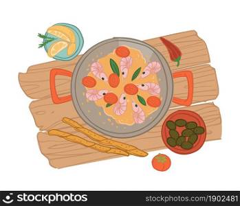 Dish made of shrimps, tomato slices and basil leaves served with breadsticks and olives. Lemon slices and soup, exotic cuisine and meal in restaurant or diner. Tasty food. Vector in flat style. Soup with shrimps and tomato slices in restaurant