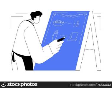 Dish of the day abstract concept vector illustration. Smiling restaurant waiter writing on a blackboard about the special offer, service sector, horeca business, lunch menu abstract metaphor.. Dish of the day abstract concept vector illustration.
