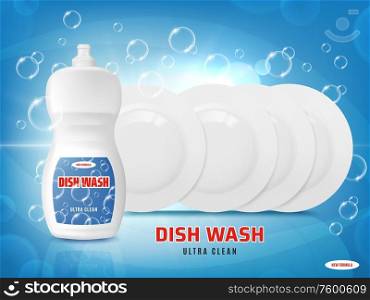 Dish wash liquid with soap bubbles and plates shine light on blue vector background. Dishwashing liquid detergent advertising poster template, ultra clean dish wash new formula. Ultra clean dish wash liquid, plates shine light
