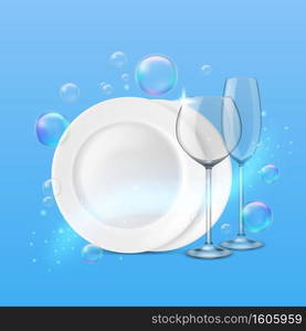 Dish wash. Realistic shiny dishes cleanness, fresh porcelain plates and wine and ch&agne glasses, soap bubbles around. Tableware after washing vector dishwashing isolated on blue background concept. Dish wash. Realistic shiny dishes cleanness, fresh porcelain plates and wine and ch&agne glasses, soap bubbles around. Tableware after washing vector dishwashing isolated concept