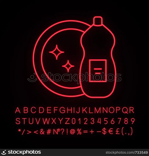 Dish washing liquid neon light icon. Dishwash detergent. Cleaning chemicals. Glowing sign with alphabet, numbers and symbols. Vector isolated illustration. Dish washing liquid neon light icon