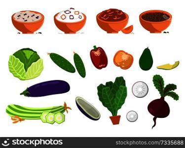 Dishes and collection of vegetables, vegetarian food set with products, plates and vegetarian food, vector illustration isolated on white background. Dishes and Vegetables Set Vector Illustration