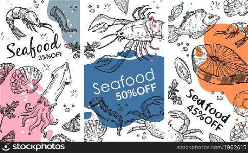 Dishes and meal with fish, seafood served in restaurant or cafe. Shrimps and crabs, lobster and oyster, octopus and salmon steak. Monochrome marketing and advertising posters. Vector in flat style. Seafood in restaurant or cafe, dishes with fish