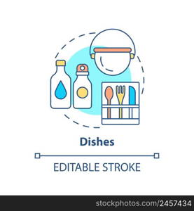Dishes concept icon. Things to pack for evacuation and hiking. Survival bag abstract idea thin line illustration. Isolated outline drawing. Editable stroke. Arial, Myriad Pro-Bold fonts used. Dishes concept icon