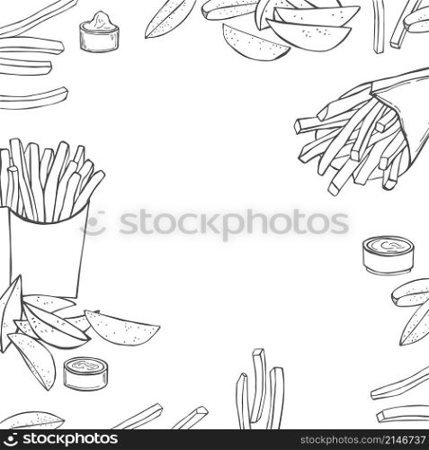 Dishes from potatoes. French fries and rustic fries. Vector background.. French fries and rustic fries.