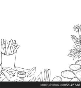 Dishes from potatoes. French fries and rustic fries. Vector background.. French fries and rustic fries. Vector background.