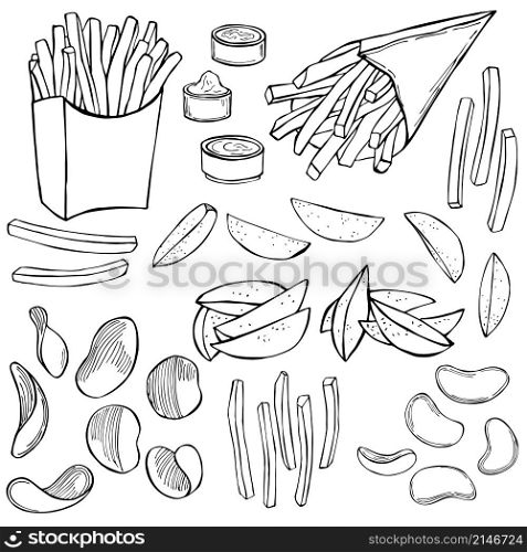 Dishes from potatoes. French fries, rustic fries, chips. Vector sketch illustration.