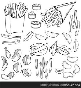Dishes from potatoes. French fries, rustic fries, chips. Vector sketch illustration.