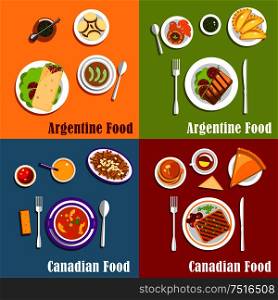 Dishes of Canada and Argentina with empanadas, poutine, grilled beef steak and peameal bacon, vegetable stew, pancakes with maple syrup, caramel candies, cookies and butter tart, mate tea and juice. Canadian and Argentine national cuisine