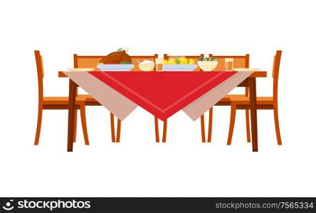Dishes on table with chairs. Chicken and potatoes, salads and drinks, cutlery and plates on red tablecloth. Served holiday dinner in realistic style vector. Served Holiday Table with Food and Chairs Vector