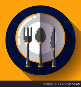 Dishes - Plate knife and fork icon. Flat vector design with long shadow.. Dishes - Plate knife and fork icon. Flat vector design with long shadow