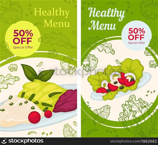 Dishes with healthy ingredients, vegetables and herbs for aroma and flavor. Vegetarian and vegan recipes, 50 off. Cafe or restaurant menu, advertisement banner or poster. Vector in flat style. Healthy menu with vegetables, 50 off discounts