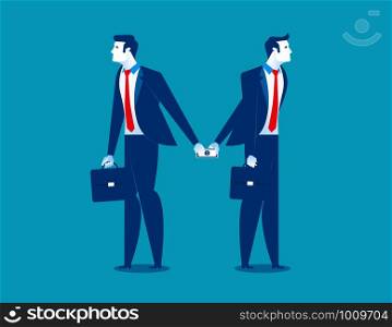 Dishonesty. Businessman giving money to man behind back. Concept business illustration. Vector business finance.