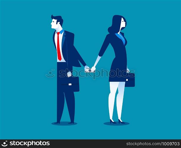 Dishonesty. Businessman giving money to woman behind back. Concept business illustration. Vector business finance.. Dishonesty. Businessman giving money to woman behind back. Concept business illustration. Vector business finance.