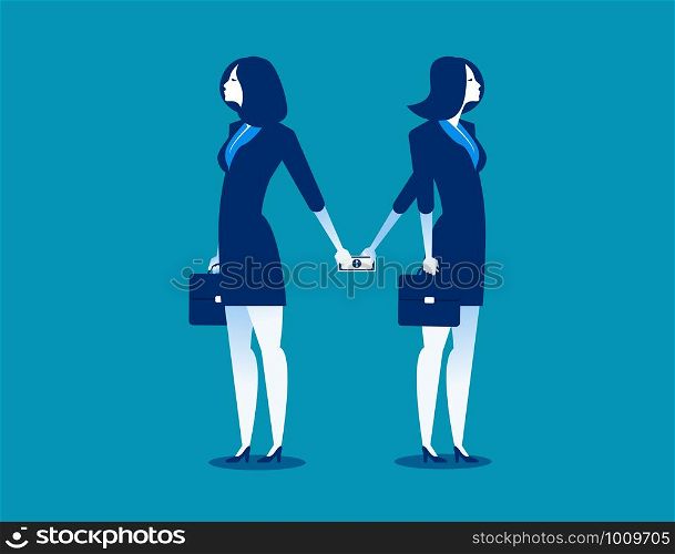 Dishonesty. Businesswoman giving money to woman behind back. Concept business illustration. Vector business finance.. Dishonesty. Businesswoman giving money to woman behind back. Concept business illustration. Vector business finance.