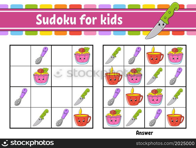 Dishware theme. Sudoku for kids. Education developing worksheet. Cartoon character. Color activity page. Puzzle game for children. Logical thinking training. Isolated vector illustration.