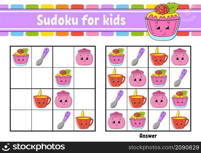 Dishware theme. Sudoku for kids. Education developing worksheet. Cartoon character. Color activity page. Puzzle game for children. Logical thinking training. Isolated vector illustration.