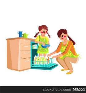 Dishwasher Kitchen Equipment For Wash Plate Vector. Daughter Helping Mother For Putting Dishes In Dishwasher Electronic Machine. Characters Housewife And Girl Kid Housework Flat Cartoon Illustration. Dishwasher Kitchen Equipment For Wash Plate Vector