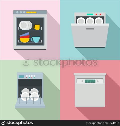 Dishwasher machine kitchen icons set. Flat illustration of 4 dishwasher machine kitchen vector icons for web. Dishwasher machine kitchen icons set flat style
