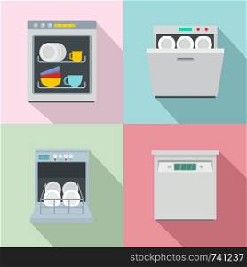 Dishwasher machine kitchen icons set. Flat illustration of 4 dishwasher machine kitchen vector icons for web. Dishwasher machine kitchen icons set flat style