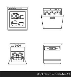 Dishwasher machine kitchen icons set. Outline illustration of 4 dishwasher machine kitchen vector icons for web. Dishwasher machine kitchen icons set outline style
