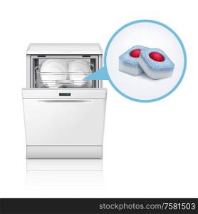 Dishwasher machine tablets realistic composition with image of domestic dishwashing appliance and replaceable detergent tablets vector illustration