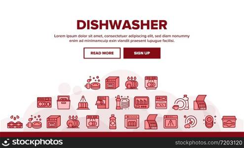 Dishwasher Utensil Landing Web Page Header Banner Template Vector. Dishwasher Equipment And Cleaning Liquid Bottle For Wash Dishware Cup And Plate Illustrations. Dishwasher Utensil Landing Header Vector