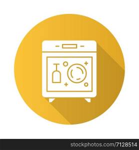 Dishwasher yellow flat design long shadow glyph icon. Modern kitchen device. Automatic dish washer. Electrical household appliances. Plates washing, steam processing. Vector silhouette illustration