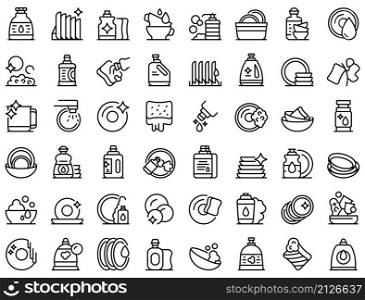 Dishwashing detergents icons set outline vector. Crockery bowl. Ceramic detergent. Dishwashing detergents icons set outline vector. Crockery bowl