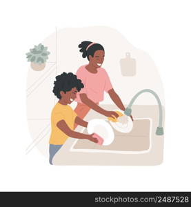 Dishwashing isolated cartoon vector illustration. Kid and mom washing dishes together, child helps in the kitchen, lifestyle, family doing housework together, daily routine vector cartoon.. Dishwashing isolated cartoon vector illustration.