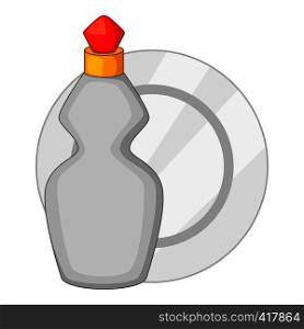 Dishwashing liquid bottle and plate icon. Cartoon illustration of dishwashing liquid bottle and plate vector icon for web. Dishwashing liquid bottle and plate icon