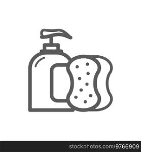 Dishwashing liquid bottle and washing sponge vector thin line icon. Kitchen and house cleaning utensils. Dishwashing liquid and sponge, home cleaning icon