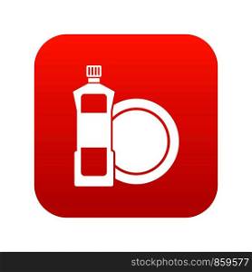 Dishwashing liquid detergent and dish icon digital red for any design isolated on white vector illustration. Dishwashing liquid detergent and dish icon digital red