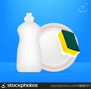 Dishwashing, washing dishes. Dishwashing liquid, dishes and yellow sponge. Vector stock illustration.. Dishwashing, washing dishes. Dishwashing liquid, dishes and yellow sponge. Vector stock illustration