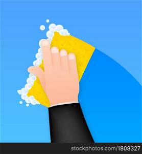 Dishwashing, washing dishes. Dishwashing liquid, dishes and yellow sponge. Vector stock illustration.. Dishwashing, washing dishes. Dishwashing liquid, dishes and yellow sponge. Vector stock illustration