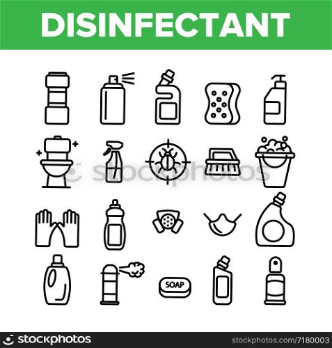 Disinfectant, Antibacterial Substance Vector Thin Line Icons Set. Disinfectant, Sanitation and Hygiene Linear Pictograms. Insecticides, Cleaning Sprays, Washing Liquid, Detergent Contour Illustrations. Disinfectant, Antibacterial Substance Vector Thin Line Icons Set