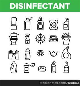 Disinfectant, Antibacterial Substance Vector Thin Line Icons Set. Disinfectant, Sanitation and Hygiene Linear Pictograms. Insecticides, Cleaning Sprays, Washing Liquid, Detergent Contour Illustrations. Disinfectant, Antibacterial Substance Vector Thin Line Icons Set