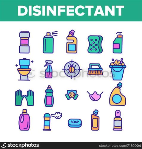 Disinfectant, Antibacterial Substance Vector Thin Line Icons Set. Disinfectant, Sanitation and Hygiene Linear Pictograms. Insecticides, Cleaning Sprays, Washing Liquid, Detergent Contour Illustrations. Disinfectant, Antibacterial Substance Vector Color Line Icons Set