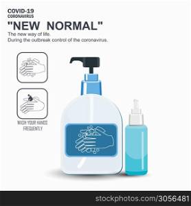 Disinfection concept. Hands using hand sanitizer gel pump dispenser vector illustration. COVID-19 or coronavirus protection concept. and icon washes your hands. is a new normal, new way of life